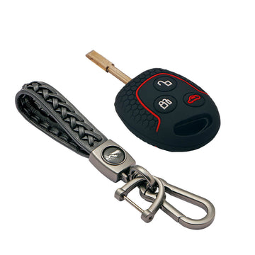 Keycare silicone key cover and keyring fit for : Fiesta, Fusion, Figo 3 button remote key (KC-37, Leather Woven Keychain)