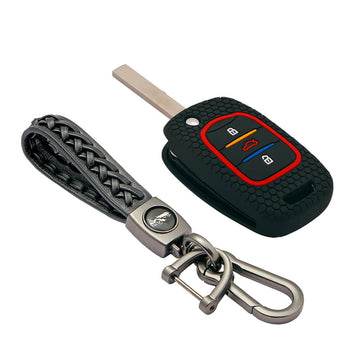 Keycare silicone key cover and keyring fit for : MG Hector 3 button flip key (KC-39, Leather Woven Keychain)