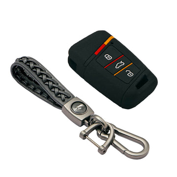 Keycare silicone key cover and keyring fit for : Tiguan, Jetta, Passat Highline smart key (KC-40, Leather Woven Keychain)