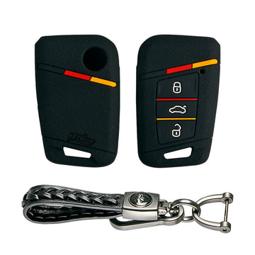 Keycare silicone key cover and keyring fit for : Superb, Kodiaq, Octavia 2014 Onwards smart key (KC-40, Leather Woven Keychain)