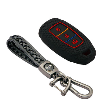 Keycare silicone key cover and keyring fit for : i20, Kona, Verna 2018 Onwards 3 button smart key (KC-41, Leather Woven Keychain)