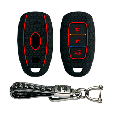 Keycare silicone key cover and keyring fit for : i20, Kona, Verna 2018 Onwards 3 button smart key (KC-41, Leather Woven Keychain)