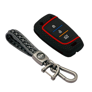 Keycare silicone key cover and keyring fit for : i20, Kona, Verna 2018 Onwards 3 button flip key (KC-43, Leather Woven Keychain)