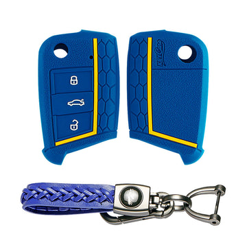 Keycare silicone key cover and keyring fit for : Karoq, Octavia, Superb, Kodiaq, Slavia flip key (KC-44, Leather Woven Keychain)