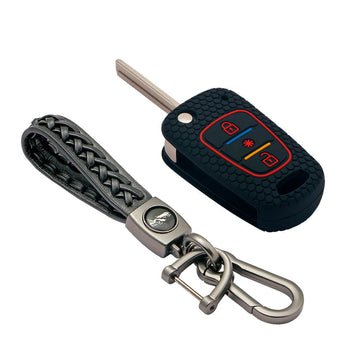 Keycare silicone key cover and keyring fit for : Verna Fluidic, I10, Old I20 (2007-2011) flip key (KC-45, Leather Woven Keychain)