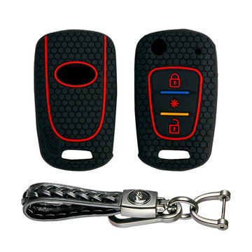 Keycare silicone key cover and keyring fit for : Verna Fluidic, I10, Old I20 (2007-2011) flip key (KC-45, Leather Woven Keychain)