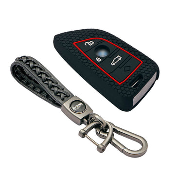 Keycare silicone key cover and keyring fit for : X1, X3, X6, X5, 5 Series, 6 Series, 7 Series 4 button smart key (T2) (KC-52, Leather Woven Keychain)