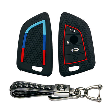 Keycare silicone key cover and keyring fit for : X1, X3, X6, X5, 5 Series, 6 Series, 7 Series 4 button smart key (T2) (KC-52, Leather Woven Keychain)