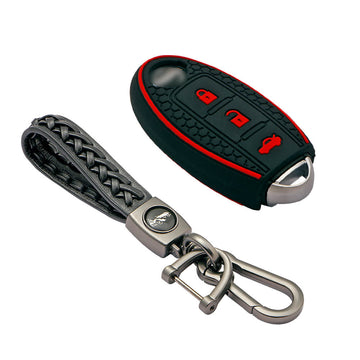 Keycare silicone key cover and keyring fit for : Micra, Magnite, Micra Active, Sunny, Teana 3 button smart key (KC-53, Leather Woven Keychain)