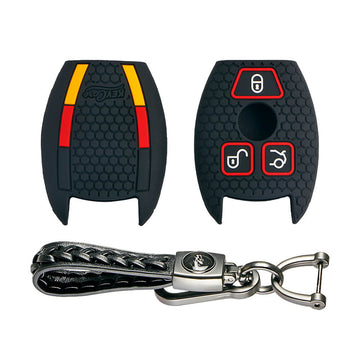 Keycare silicone key cover and keyring fit for : Mercedes Benz 3 button smart key (KC-54, Leather Woven Keychain)
