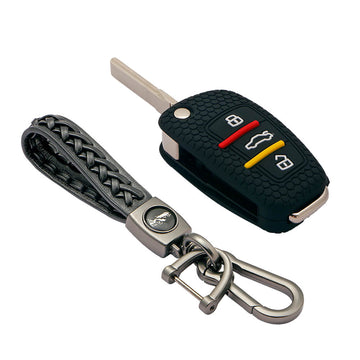 Keycare silicone key cover and keyring fit for : Audi 3 button flip key (KC-57, Leather Woven Keychain)