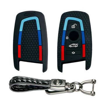 Keycare silicone key cover and keyring fit for : X4, X3, 5 Series, 6 Series, 3 Series, 7 Series 4 button smart key (T1) (KC-58, Leather Woven Keychain)