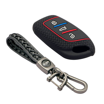 Keycare Silicone Key Cover and keychain Fit for MG : MG ZS EV, Astor 3 Button Smart Key (KC65, Leather Woven Keychain)