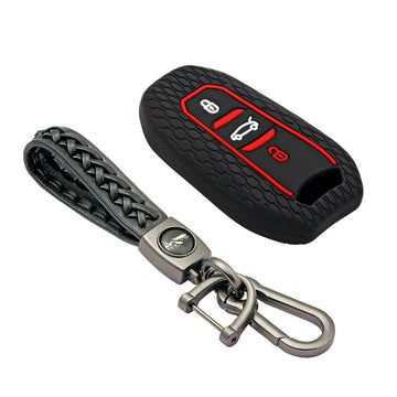 Keycare silicone key cover and keyring fit for : Citroen C5 Aircross 3 button smart key (KC-66, Leather Woven Keychain)