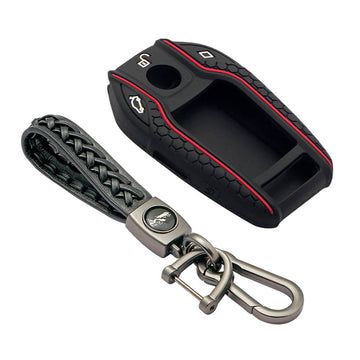 Keycare silicone key cover and keyring fit for : BMW LCD Display smart key (KC-68, Leather Woven Keychain)