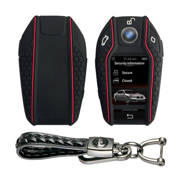 Keycare silicone key cover and keyring fit for : BMW LCD Display smart key (KC-68, Leather Woven Keychain)