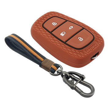 Keyzone striped key cover and keychain fit for : Tata Nexon, Altroz, Harrier, Tigor Bs6, Safari Gold, Punch, Tigor Ev, Safari 2021 4 button smart key (KZS-02, Full Leather Keychain)
