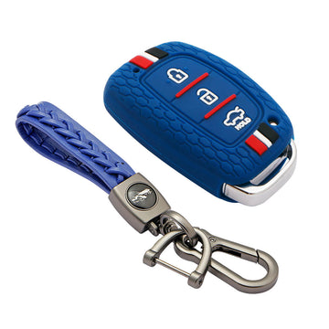 Keyzone striped key cover and keychain fit for : Exter, Creta, Elite I20, Active I20, Aura, Verna 4s, Xcent, Tucson, Elantra 3 button smart key (KZS-05, Leather Woven Keychain)