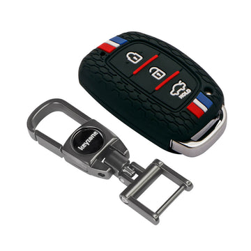 Keyzone Striped Silicone Key Cover & Metal Alloy Key Holder Compatible for Hyundai i20 Creta Exter Grand i10 Xcent Verna 4s Tucson Elantra 3 button Smart Key (KZS-05, MAH)