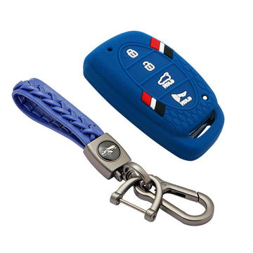 Keyzone striped key cover and keychain fit for : Venue, Elantra, Tucson, I20 N Line 2021, Creta 2020, i20 2020 Hyundai 4 button smart key (KZS06, Leather Woven Keychain)