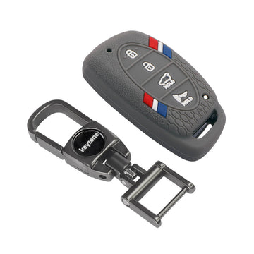 Keyzone Striped Silicone Key Cover & Metal Alloy key holder Compatible for Hyundai i20 Creta Venue Tucson Elantra 4 Button Smart Key (KZS-06, MAH)