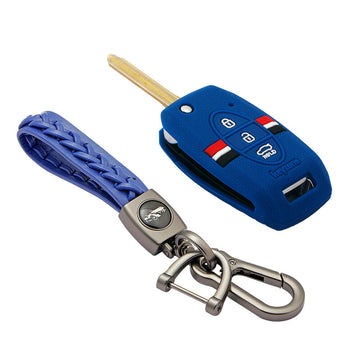 Keyzone striped key cover and keychain fit for : Seltos, Sonet, Carens 3 button flip key (KZS-08, Leather Woven Keychain)