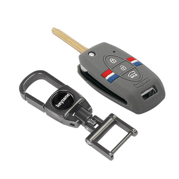 Keyzone Striped Silicone Key Cover & Metal Alloy Key Holder Compatible for Kia Seltos, Sonet, Carens 3 Button flip Key (KZS-08, MAH)