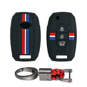 Keyzone striped key cover and keychain fit for : Seltos, Sonet, Carens 3 button flip key (KZS-08, Alloy Keychain)