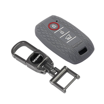 Keyzone striped silicone key cover & metal alloy key holder compatible for Kia Seltos 3 button smart key (KZS-09, MAH)