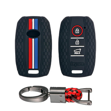 Keyzone striped key cover and keychain fit for : Seltos 3 button smart key (KZS-09, Alloy Keychain)