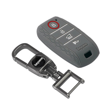 Keyzone Striped Silicone Key Cover & Metal Alloy Key Holder Compatible for Kia Seltos 4 Button Smart Key (KZS-10, MAH)