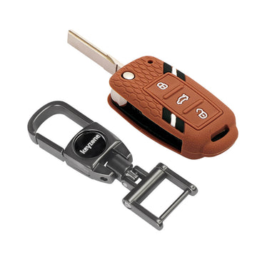 Keyzone Striped Silicone Key Cover & Metal allloy Key Holder Compatible for Skoda Fabia Octavia Laura Superb Rapid Yeti 3 button flip Key (KZS-11, MAH)