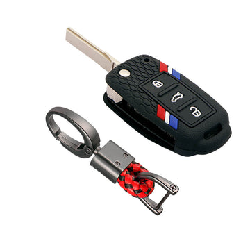 Keyzone striped key cover and keychain fit for : Octavia (Old), Fabia, Laura, Rapid, Superb, Yeti 3 button flip key (KZS-11, Alloy Keychain)