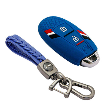 Keyzone striped key cover and keychain fit for : Ciaz, S-cross, Vitara Brezza, Ignis, Swift, Ertiga 3b smart key (KZS-12, Leather Woven Keychain)