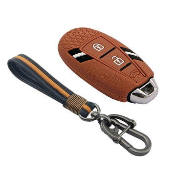 Keyzone striped key cover and keychain fit for : Ciaz, S-cross, Vitara Brezza, Ignis, Swift, Ertiga 3b smart key (KZS-12, Full Leather Keychain)