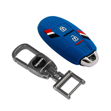 Keyzone striped silicone key cover & metal alloy key holder compatible for Suzuki Ciaz, Baleno, SCross, Vitara Brezza 3 button smart key (KZS-12, MAH)
