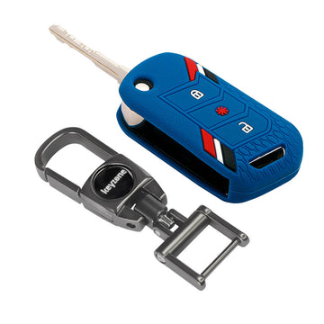 Keyzone Striped Silicone Key Cover & Metal Alloy Key Holder Compatible for Mahindra Thar, Bolero, Scorpio, XUV700, XUV400, XUV300, TUV300, Marazzo 3 button flip Key (KZS-14, MAH)