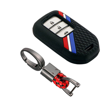 Keyzone striped key cover and keychain fit for : Honda City, Elevate, Civic, Jazz, Brio, Amaze, CR-V, WR-V, BR-V, Mobilio, Accord 2b/3b/4b/5b Smart Key (KZS-15, Alloy Keychain)