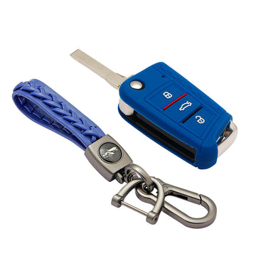 Keyzone striped key cover and keychain fit for : Karoq, Octavia, Superb, Kodiaq Slavia flip key (KZS-17, Woven keyholder)
