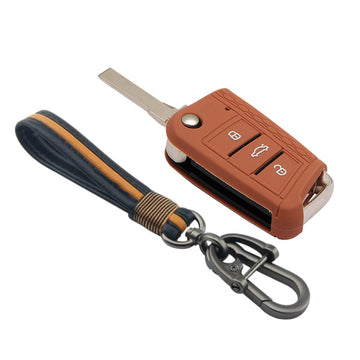Keyzone striped key cover and keychain fit for : Karoq, Octavia, Superb, Kodiaq Slavia flip key (KZS-17, Full Leather Keychain)