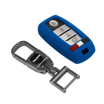 Keyzone Striped Silicone Key Cover & Metal Alloy Key Holder Compatible for Kia Seltos, Sonet, Carens, Carnival Smart Key (KZS-19, MAH)
