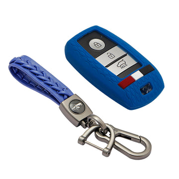 Keyzone striped key cover and keychain fit for : Seltos, Sonet, Carnival, Carens 3/4/5 button smart key (KZS-19, Leather Woven Keyholder)