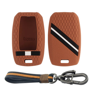 Keyzone striped key cover and keychain fit for : Seltos, Sonet, Carnival, Carens 3/4/5 button smart key (KZS-19, Full Leather Keyholder)