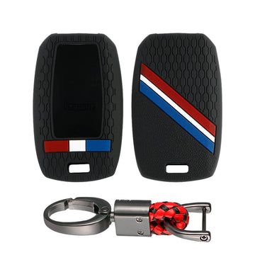Keyzone striped key cover and keychain fit for : Seltos, Sonet, Carnival, Carens 3/4/5 button smart key (KZS-19, Alloy Keychain)