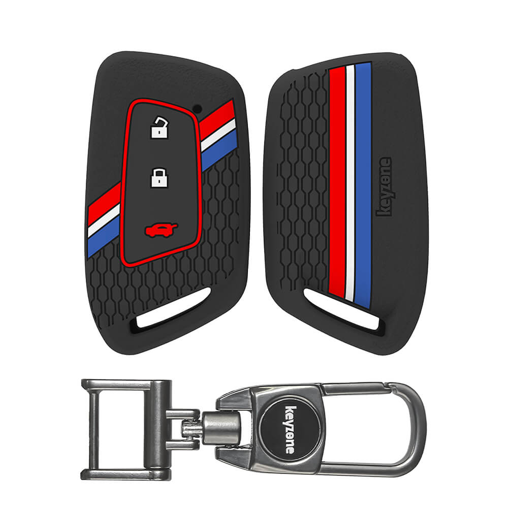 Keyzone striped silicone key cover keychain for MG Hector, Windsor E