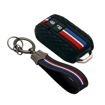 Keyzone striped key cover and keychain fit for : Glanza, Urban Cruiser Hyryder, Rumion 2 button smart key (KZS-01, KZS-Keychain)