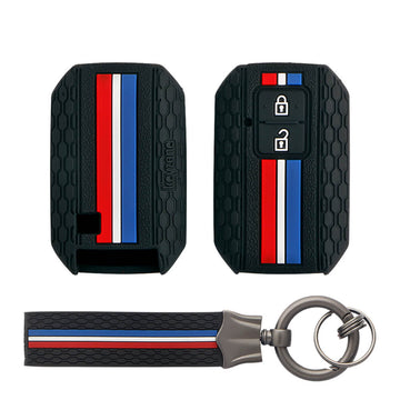 Keyzone striped key cover and keychain fit for : Glanza, Urban Cruiser Hyryder, Rumion 2 button smart key (KZS-01, KZS-Keychain)