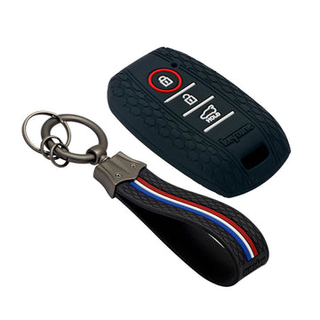 Keyzone striped key cover and keychain fit for : Seltos, Sonet, Carens 3 button flip key (KZS-08, KZS-Keychain)