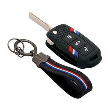 Keyzone striped key cover and keychain fit for : Polo, Vento, Jetta, Ameo 3b flip key (KZS-11, KZS-Keychain)