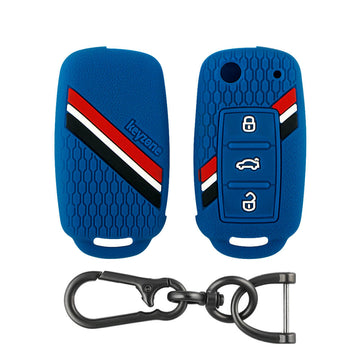 Keyzone striped key cover and keychain fit for : Polo, Vento, Jetta, Ameo 3b flip key (KZS-11, Zinc Alloy Keychain)